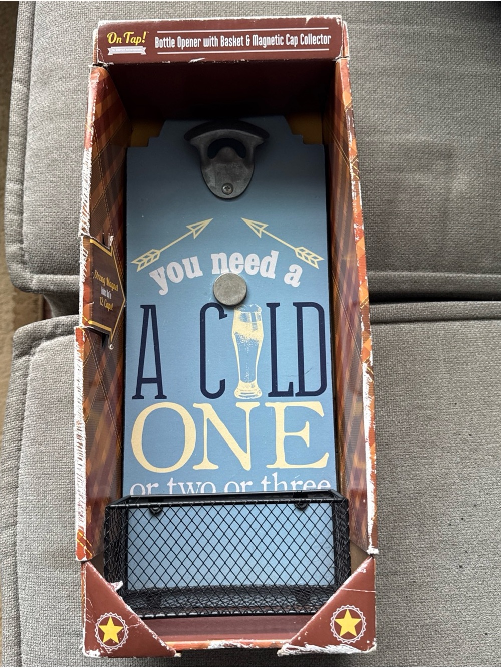 Bottle opener with basket & magnetic cap collector ,the box is beat up